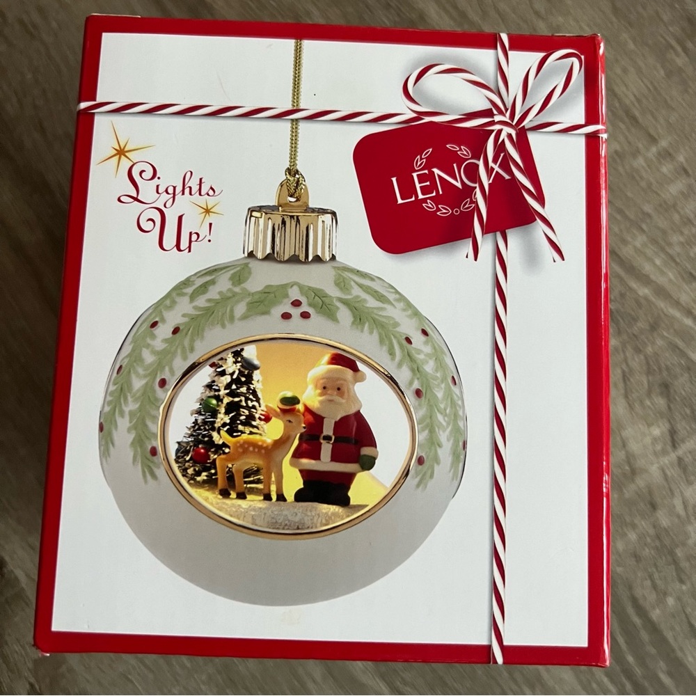 Lenox - NEW Lit Holiday Scene Ornament with 24K Gold, Christmas Santa Reindeer